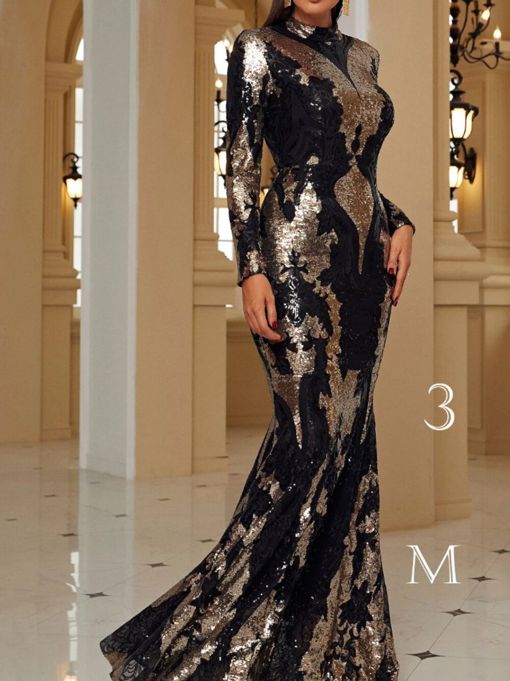 Black & Gold Sequin Long Sleeve Evening Gown Mermaid Style Size M, Used Once